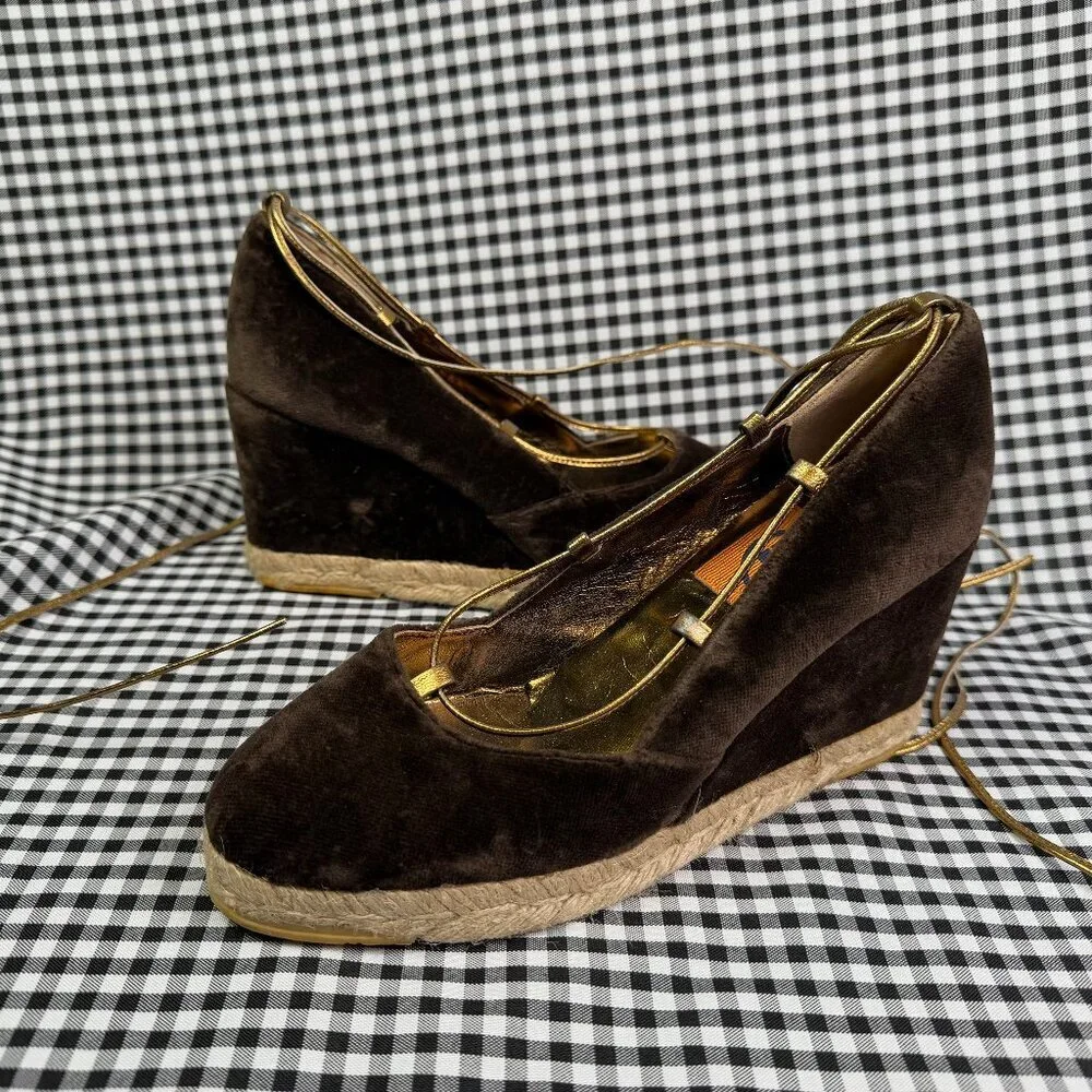 Tory Burch Velvet Espadrille Wedge Heels Brown Gold Lace Up Size 6.5